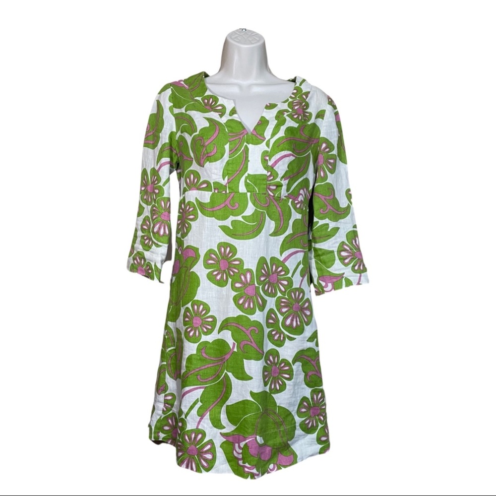 Boden Women V Neck Tunic Dress Green Ivory Floral 100% Linen US 2 UK 6 Groovy